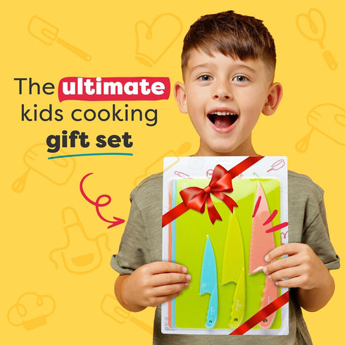 Baketivity 6 Piece Kids Cutting Board and Knife Set, Plastic Knives and Flexible Cutting Boards for Safe Cooking