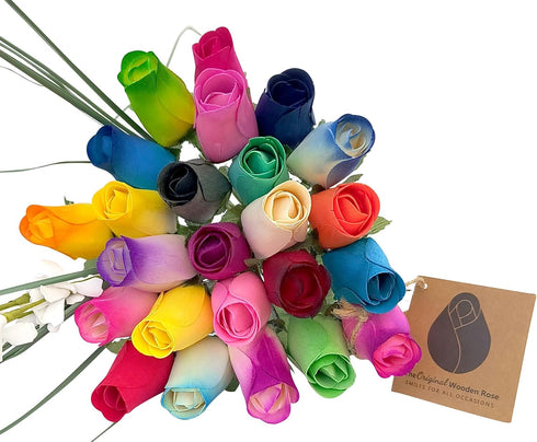 Assorted Colors Wooden Rose Closed Bud Bouquets, 2 Dozen