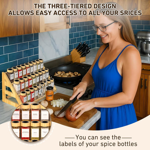 Nurtopia 3 Countertop Bamboo Spice Rack - Tier Spices Rack Kitchen Cabinet Organizer for Kitchen, Seasoning Storage