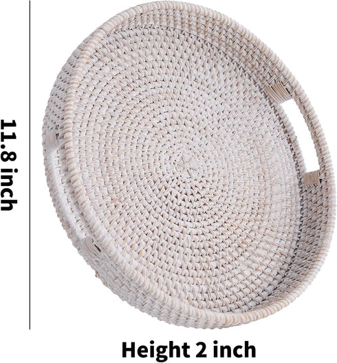 Kmelep 11.8") Round Rattan Serving Tray,Hand-Woven Tray with Handles, Ottoman Decorative Coffee Table Tray,Wicker