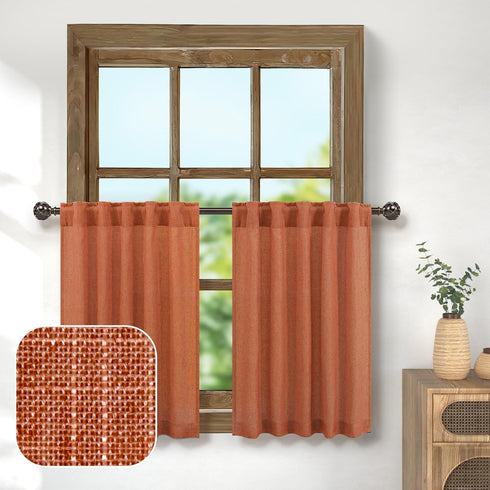 Pitalk Burnt Orange Boho Country Kitchen Curtains, 36 Inch Length, 2 Panels, Back Tab Pocket, Semi Translucent Linen