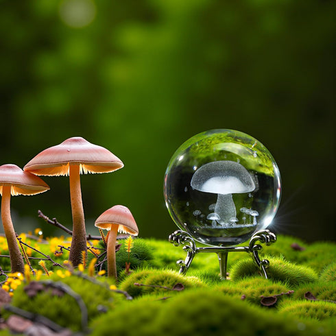 3D 60mm HDCRYSTALGIFTS Mushroom Crystal Ball Laser Engraved Decorative Ball Glass Sphere with Stand Paperweight