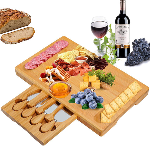 Bamboo Cheese Board and Knife Set, Wood Charcuterie Platter with Slid-Out Drawer for Wine, Meat & Crackers