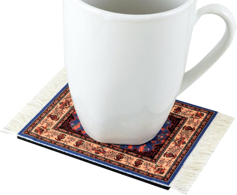 Set of 4 Rug Table Coasters – Oriental Design Fabric Drink Mats, Absorbent Kitchen Accessories, Red Blue