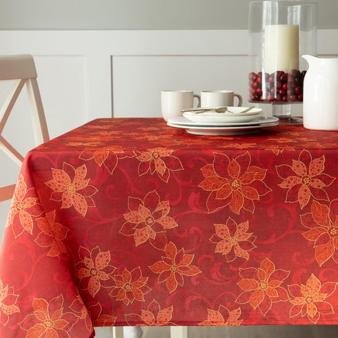 Benson Mills Poinsettia Scroll Printed Rectangle Fabric Table Cloth, Red, 60" X 104"
