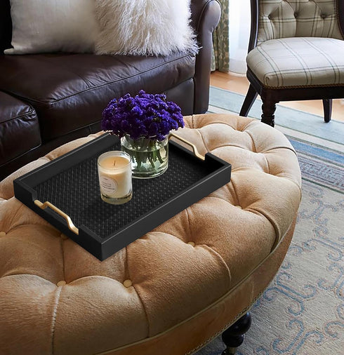 Countertop, 16.2 12.2 2 inches HofferRuffer Faux Leather Rectangle Serving Tray Decor Platter with Gold Metal Handles