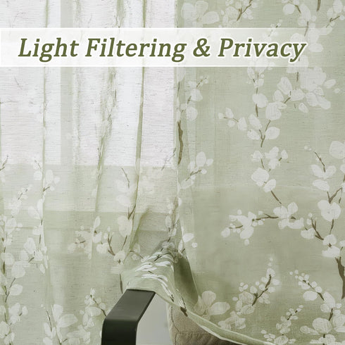 FMFUNCTEX Linen Sheer Curtains for Bedroom - Sage Green Blossom Print, 84 Inches Long, Floral Patterned Farmhouse