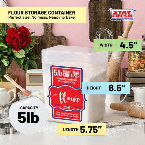 5LB Stay Fresh Clear Storage Container - BPA Free Plastic Canister for Kitchen Pantry, Baking Needs - Holds Bag - Large