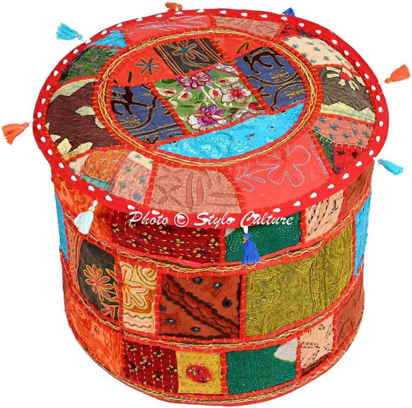 Cotton Ottoman Stool Colourful Patchwork Pouf Cover, Multi Color Floral 40 cm Footstool Floor Cushion, Ethnic Decor