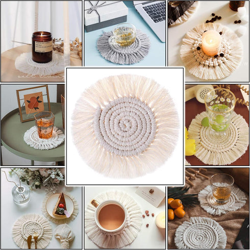 4PCS Macrame Coasters for Drinks, Handmade Cotton Coasters Set, Boho Woven Coasters with Tassels for Mugs and Cups
