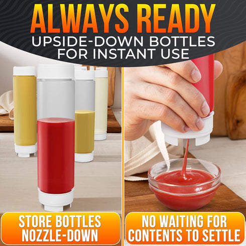 Set 6 16 oz of Inverted Condiment Squeeze Bottles Upgraded Design with Added Sealing Gaskets, Self-Closing Valve