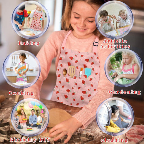 Adjustable Kids Chef Hat and Apron, Toddler Aprons with Pocket for Cooking Baking, Girls Boys