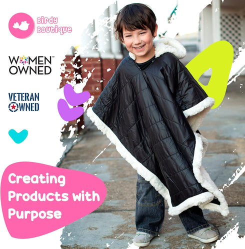 Birdy Boutique Car Seat Poncho for Kids, Reversible Warm Blanket, Safe Over Seat Belts, Black, One Size