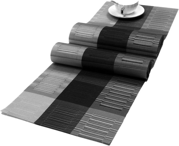 SHACOS Woven Vinyl Table Runner, PVC Table Runner 12 x 71 inch, Ombre Black and Gray, Wipe Clean Indoor Outdoor