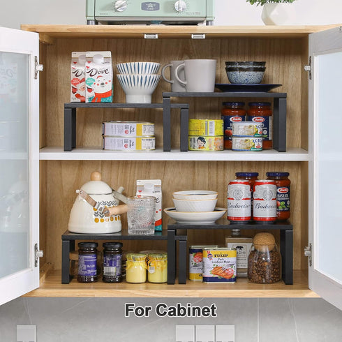 YMYNY Cabinet Shelf Organizer, Set of 2 Extendable Countertop Storage Racks for Kitchen, Bathroom, Black Metal