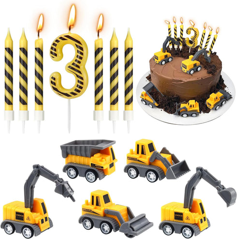 12 Pcs Construction Birthday Candles, Number 3 Candle Construction Cake Topper, Digger