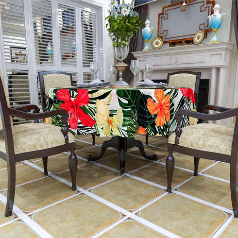 Tropical Hawaiian Palm Tree Tablecloth, 50x50 Inch Wipeable Waterproof Hibiscus Flowers for Aloha/Luau Theme Party