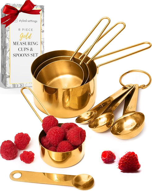 STYLED SETTINGS 8-Piece Gold Measuring Cups and Spoons Set, Stackable Brass Kitchen Accessories for Baking