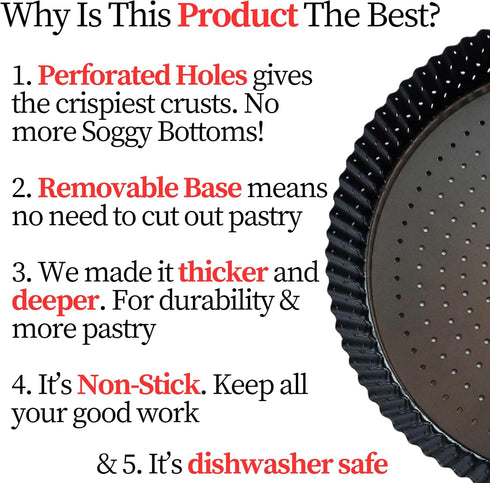 Introducing King Crispy's Deep Pie, Tart & Quiche Pan With Perforated Holes For Crispy Crusts. A Non-Stick, Removable Bottom, Dishwasher Safe, Pie Pan Baking Plate Dish. (9 inch x 2 Deep)