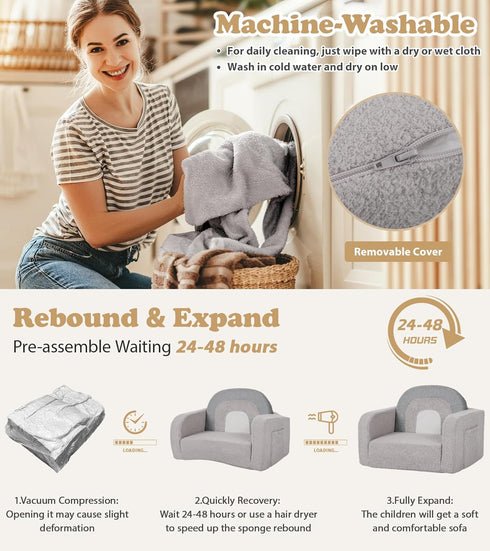 Foryoomi 2-in-1 Kids Couch, Soft Toddler Couch Fold Out with Blanket, Comfy Toddler Chair, Convertible Sofa, Gifts