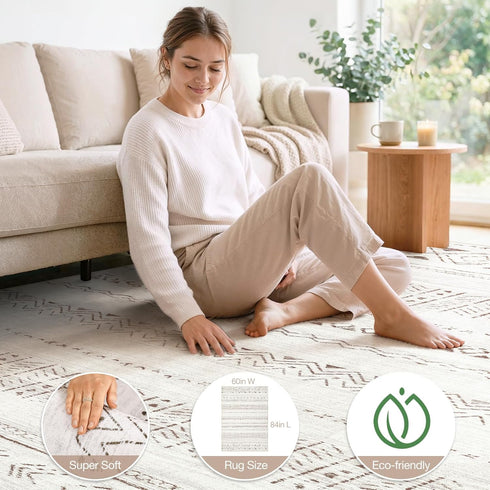 5x7 cotiled Area Rug Living Room: Washable Boho Rugs with Non Slip Backing Large Soft Indoor Stain Resistant Carpet