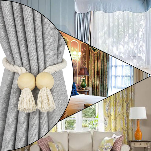 2 Pack Cotton Hand Woven Magnetic Curtain Tiebacks, Decorative Rope Holdbacks for Curtains Draperies, No Tools
