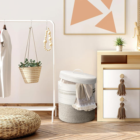 Woven Laundry Hamper with Lid, 40L Storage Basket for Living Room, Bedroom, Bathroom, Nursery (Brown and White)