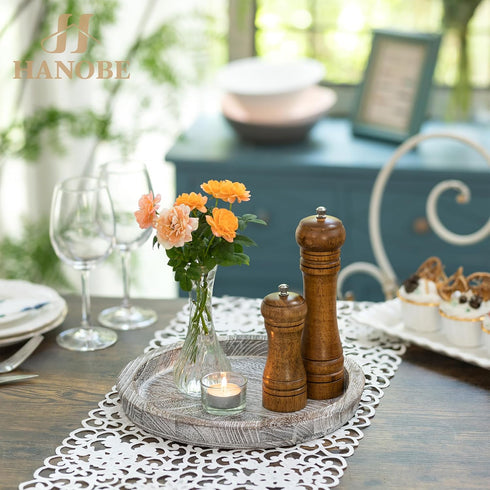 Hanobe Decorative Tray for Coffee Table: Round Candle Plate Holder Centerpieces for Dining Room Kitchen - Wooden