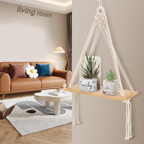Set 2,Boho Sunkaioo Macrame Wall Hanging Shelf of Wooden Display Floating Shelves for Wall Decor with Handmade Woven