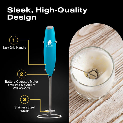 Bean Envy Milk Frother Handheld for Coffee, Electric Mini Drink Mixer & Coffee Foamer Wand with Stand (Light Blue)