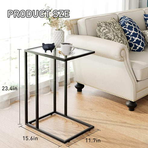 Easy Paws C Table Glass End Table, Couch Side Table, Tempered Glass Snack Side Table with Metal Frame, TV Tray Table