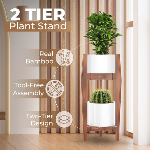 2-Tier (812), ROCCA Tall Plant Stand Indoor Adjustable Bamboo Plant Stand Wooden Corner Pedestal for Multiple Pots