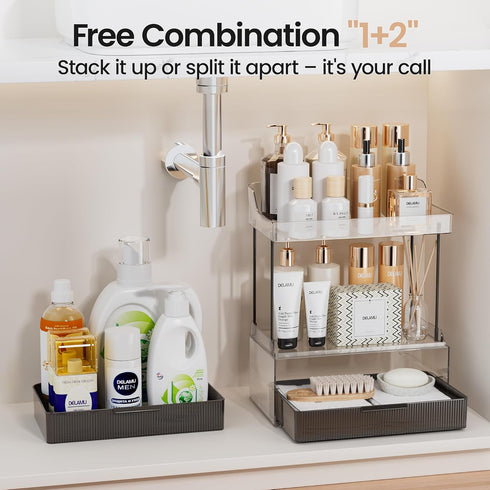 Delamu 2-Tier 2-Drawer Bathroom Organizer Countertop, Multi-Purpose Makeup Organizer, Elegant Black