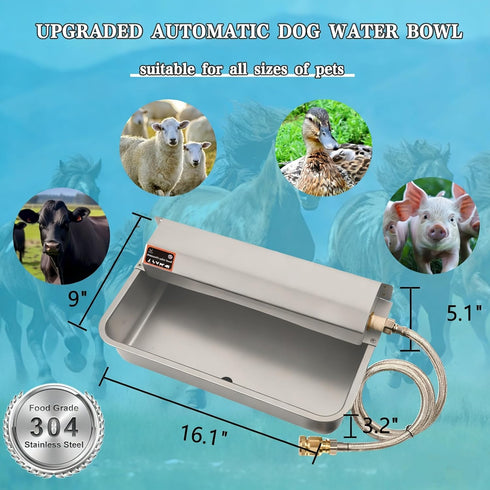 boajf 304 (2 Automatic Dog Water Dispenser with Drain Hole, Stainless Steel Auto Water Dog Bowl with Float Valve, Hose