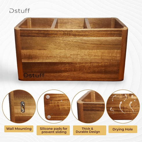 Large Kitchen Utensil Holder Organizer, Wooden Storage Container with 3 Compartments, Acacia Wood