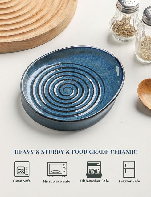 Ceramic Spoon Rest for Stove Top, Glazed Blue Spoon Holder for Kitchen Counter, Utensil Holder for Spoons, Ladles