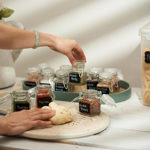 Oak & Steel 12 Pack 3.4oz Small Airtight Glass Spice Jars with Lids, 24 Labels & Chalk Pen