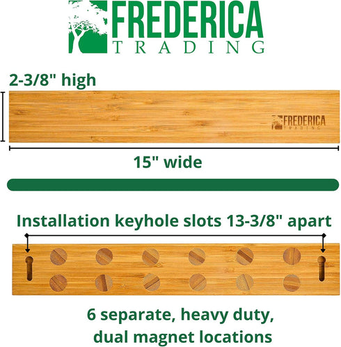 Heavy Duty 15" Bamboo Knife Magnetic Strip - Wall Mounted Holder with 6 Dual-Magnet Zones