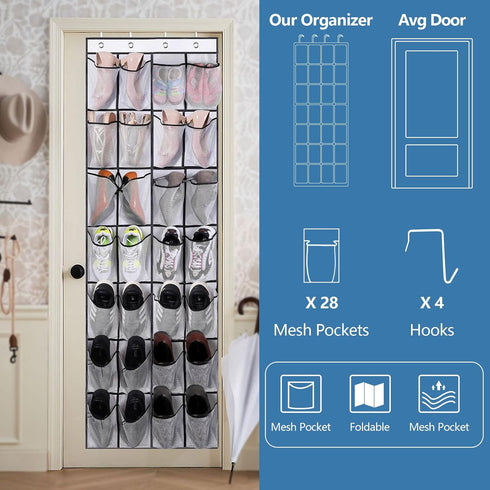 ATTDETJL 28 Closets Over the Door Shoe Organizer, Hanging Shoe Organizer with Mesh Large Pockets Door Shoe Rack