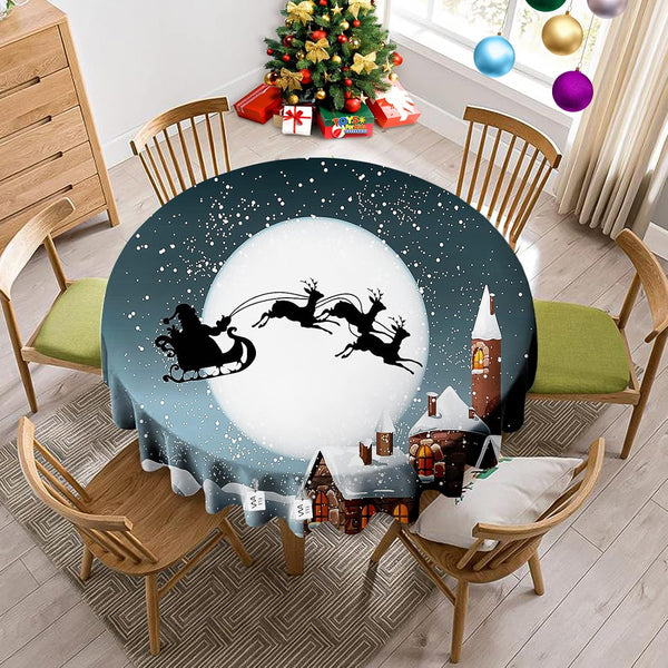 VVA Round Christmas Tablecloth, Santa Claus Sleigh Snow Eve Decorative Winter Vintage Grey Holiday Table Cloth