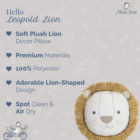 14 MON AMI Leopold Lion Dcor Pillow |Plush Stuffed Animal Hugging Pillow, Decorative Cushion for Childs Nursery, Bed