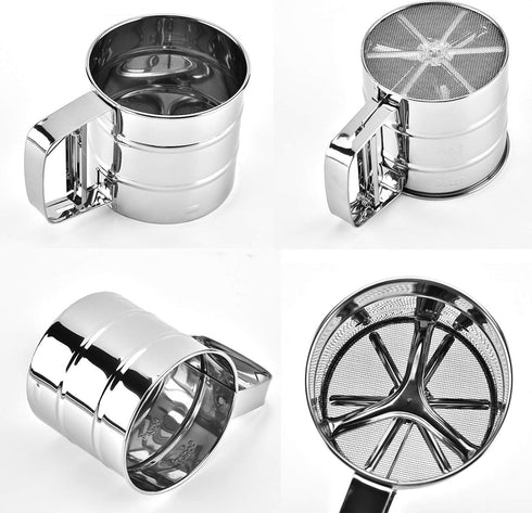 Stainless Steel Flour Sieve, Semi-Automatic 2 Cup Sifter for Baking, Fine Mesh Coffee Sieve Cup