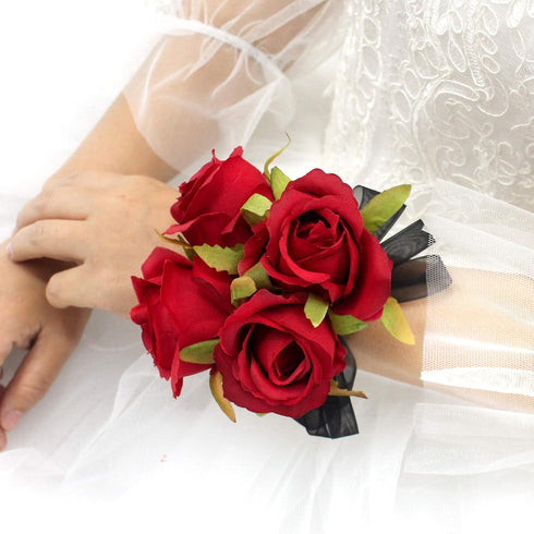 Abbie Home Prom Rose Corsage Boutonniere Set, Real Touch Flowers with Lace Bow D cor for Party Ball Wedding (Red)