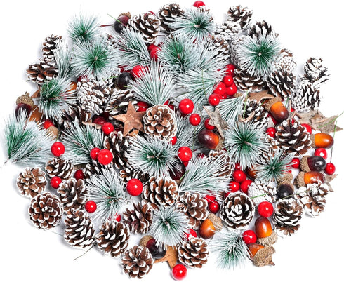 cnomg 216pcs Artificial Pine Cones Pine Branch Set, Fake Natural Pinecones Acorns Red
