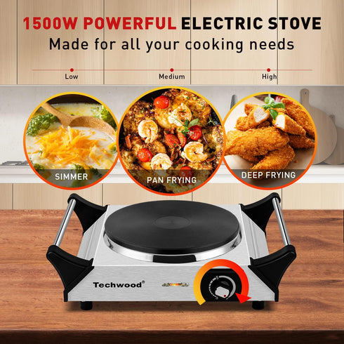 Techwood Single Burner Hot Plate, 1500W Electric Stove with Adjustable Temperature & Stay Cool Handles, 7.5" Silver