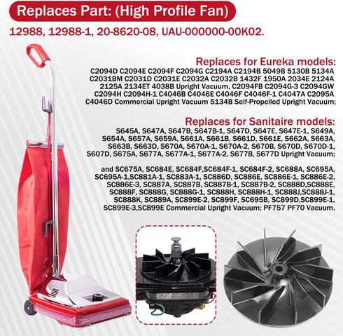 Replacement Fan for Sanitaire Upright Vacuum Cleaner Replaces for 20-8620-08 Fits for 1934A 1950A 2010XRB SC678 SC888 SC883 E-881 5" Diameter with High Profile Blade Fan