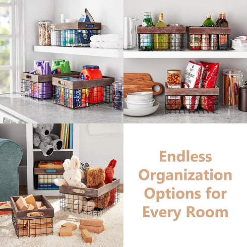Set of 3 Metal Wire Baskets, Organizing Wood Top with Handles, Storage Organizer for Kitchen Cabinets, Pantry, Laundry