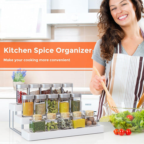 Expandable Spice Rack Organizer - 3 Tier Adjustable Cabinet Spice Organizer for Easy Visibility, White