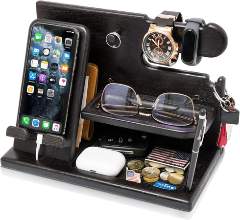 TESLYAR Wood Phone Docking Station for Men, Desk Accessories & Workspace Organizer, Nightstand Organizer, Key Holder