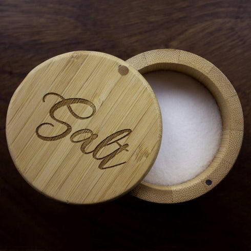 Totally Bamboo Salt Cellar with Magnetic Swivel Lid, 6 Ounce Capacity, Salt Engraved on Lid
